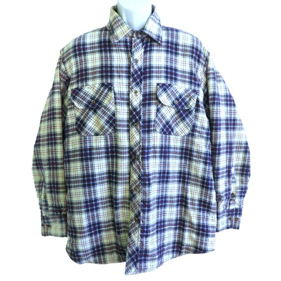SpareTime Vintage Blue Plaid Flannel Shacket Field Navy Quilted Lining L Large - Picture 3 of 11